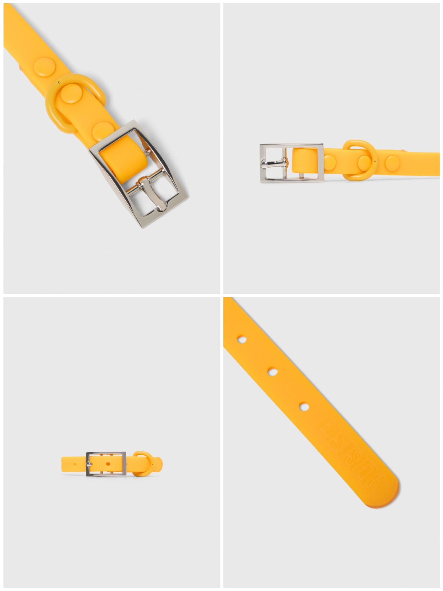 Yellow waterproof dog collar with silver buckle on a light gray background