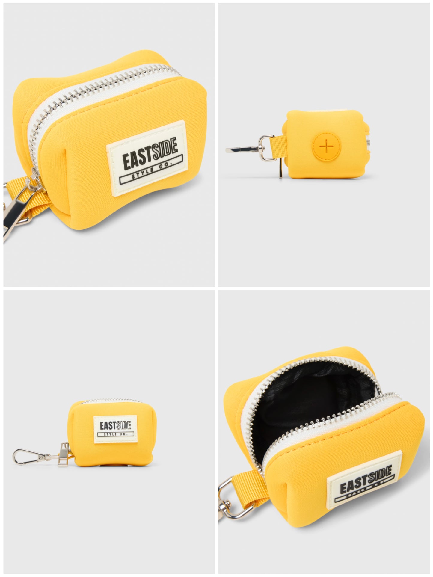 Yellow poop bag holder with zipper and Eastside Style Co logo on a white background