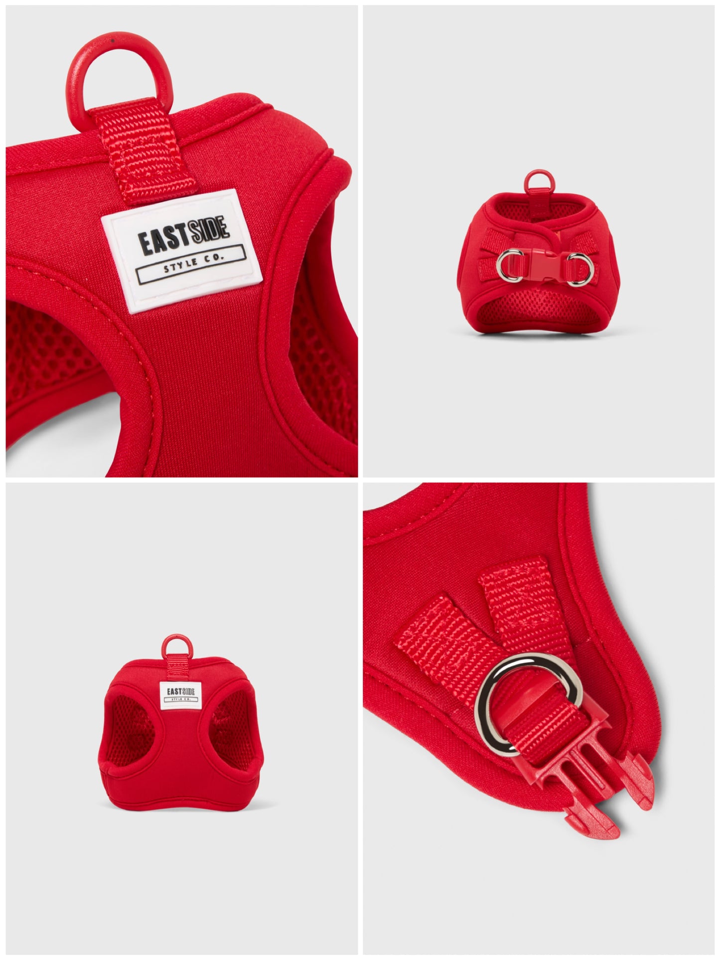 Red dog step-in harness with EastSide Style Co. label, collage shows clip and lead attachment on back of harness