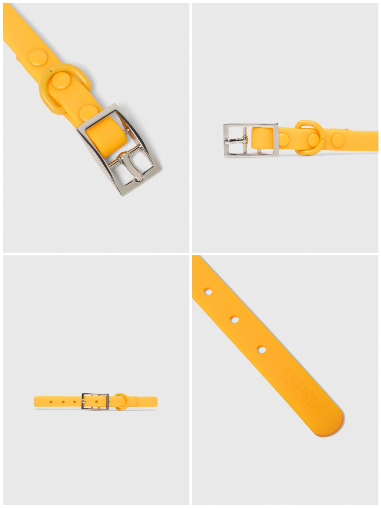 Yellow waterproof dog collar with silver buckle on a light gray background