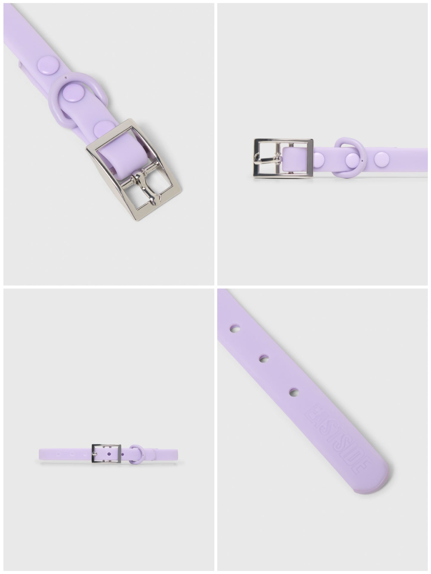 Lilac waterproof dog collar with silver buckle on a light gray background