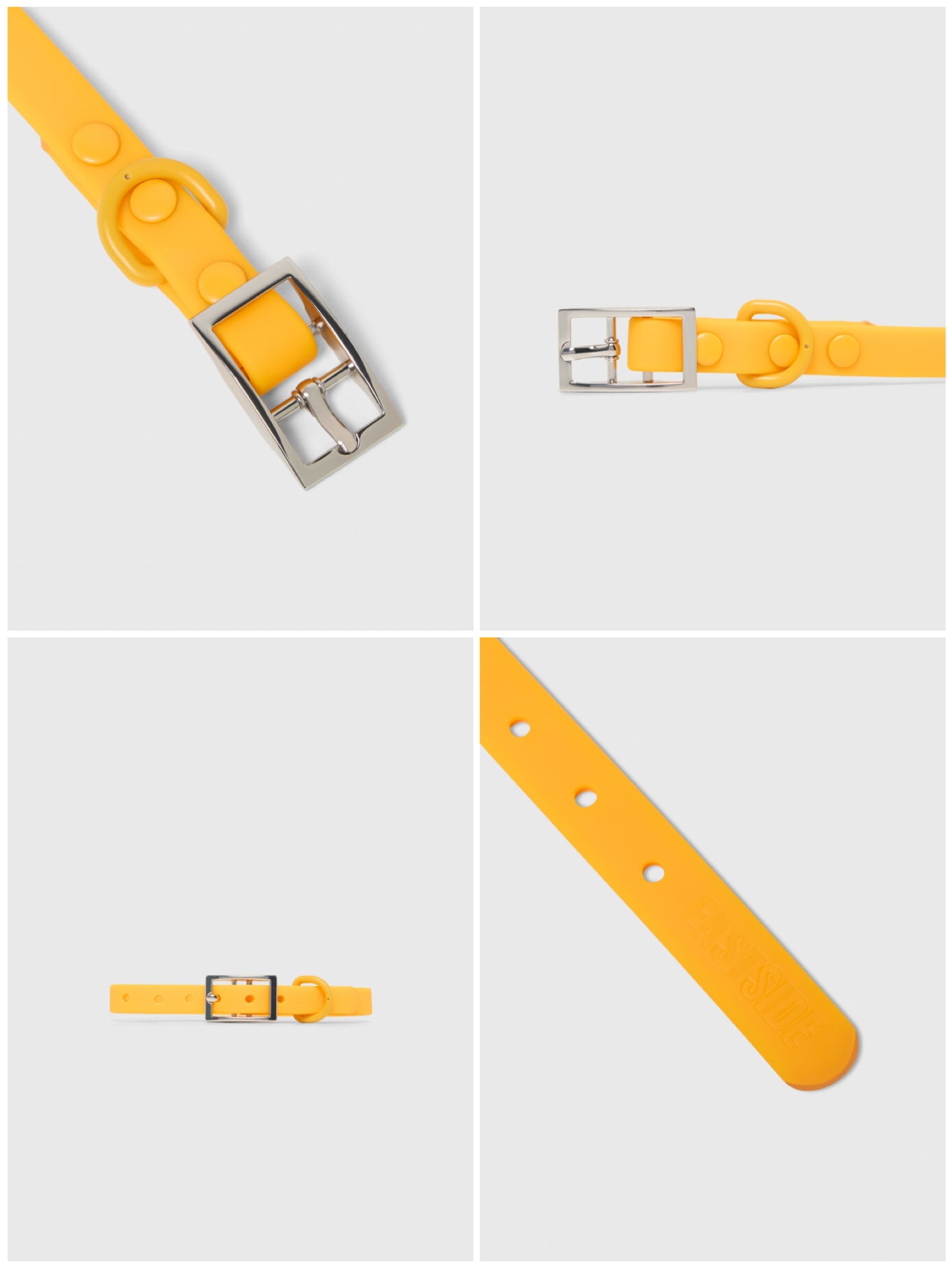 Yellow waterproof dog collar with silver buckle on a light gray background