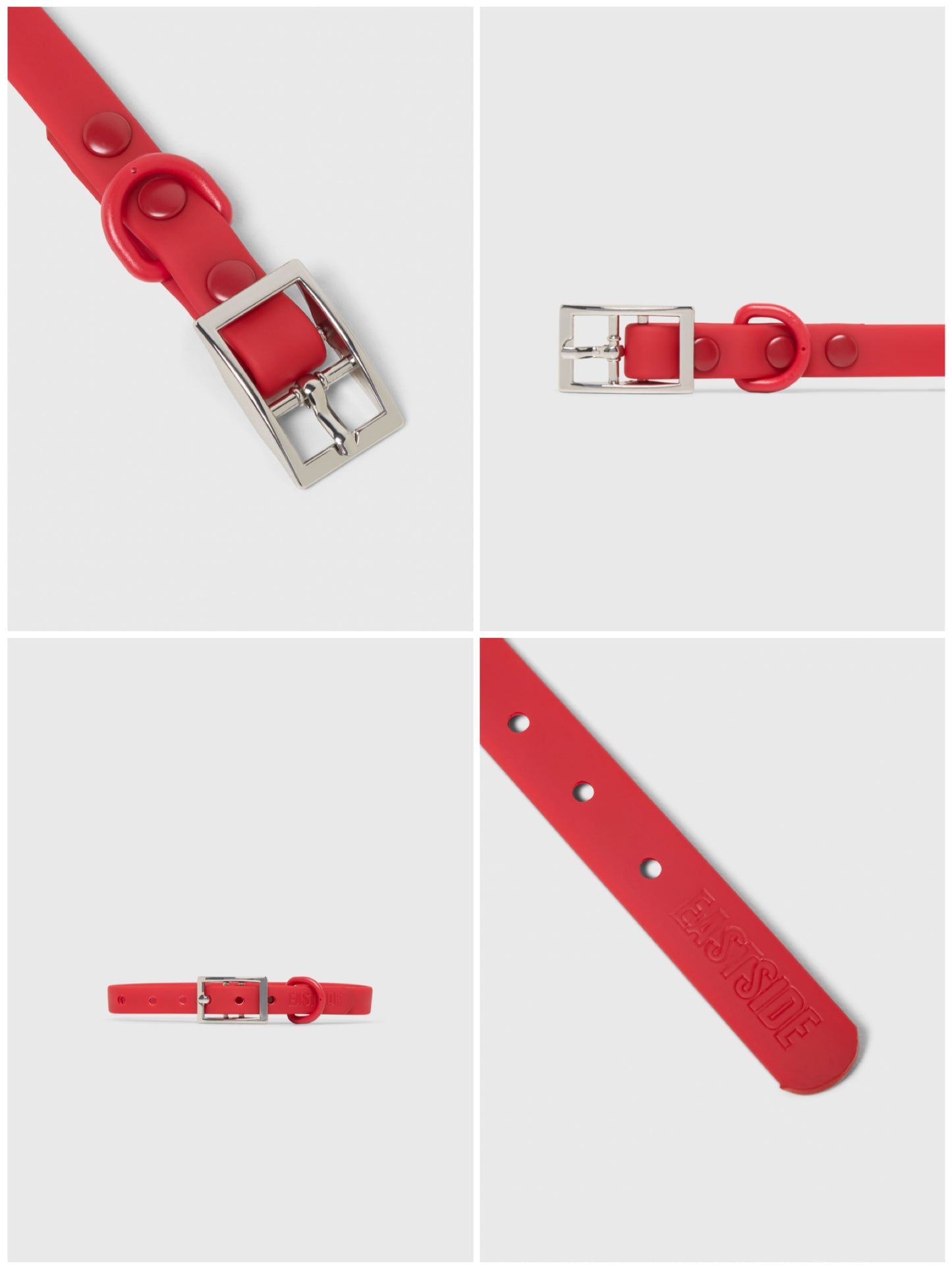 Red waterproof dog collar with silver buckle on a light gray background