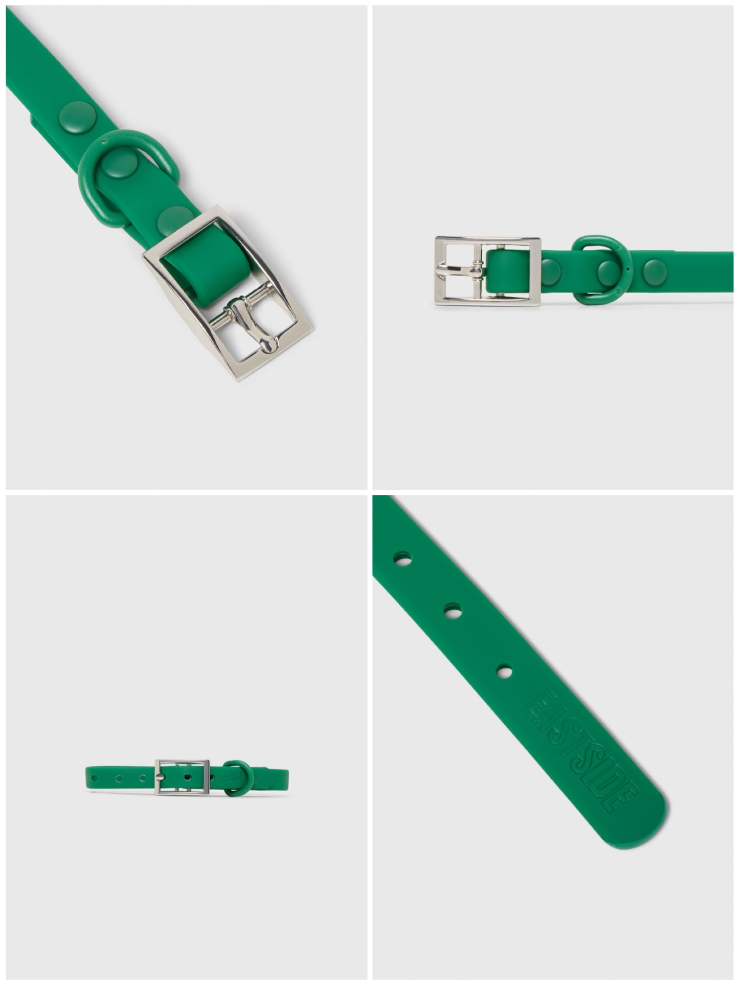 Green waterproof dog collar with silver buckle on a light gray background