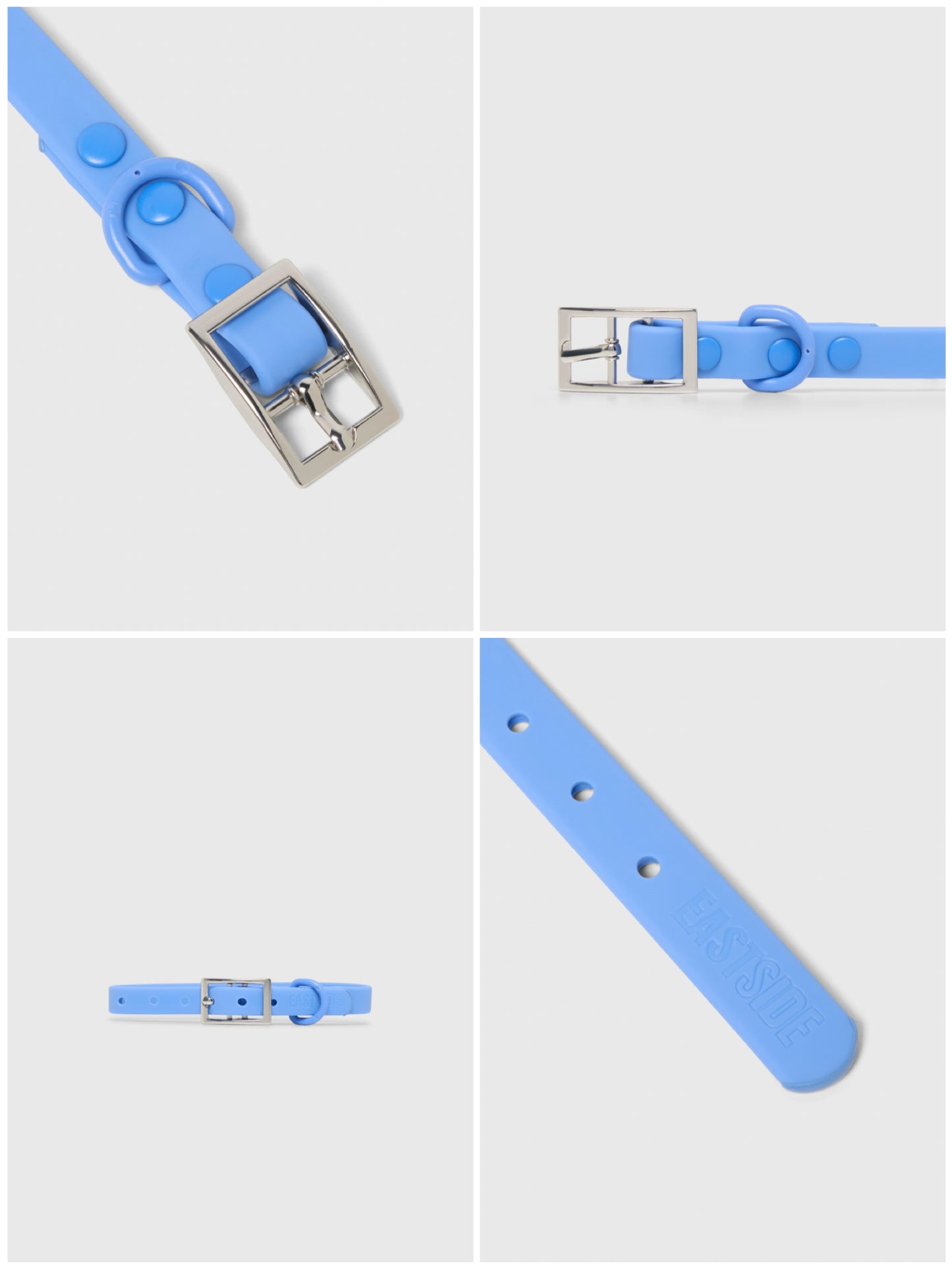Blue waterproof dog collar with silver buckle on a light gray background