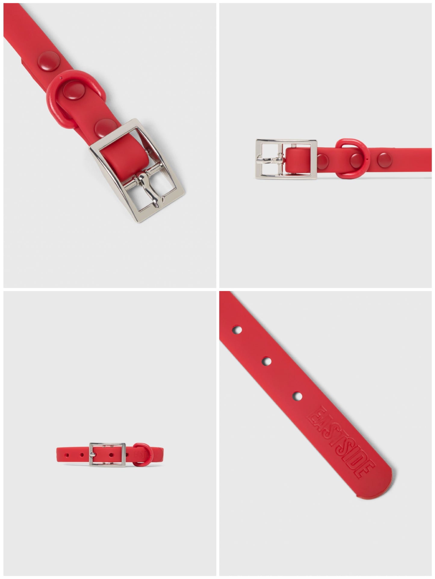 Red waterproof dog collar with silver buckle on a light gray background
