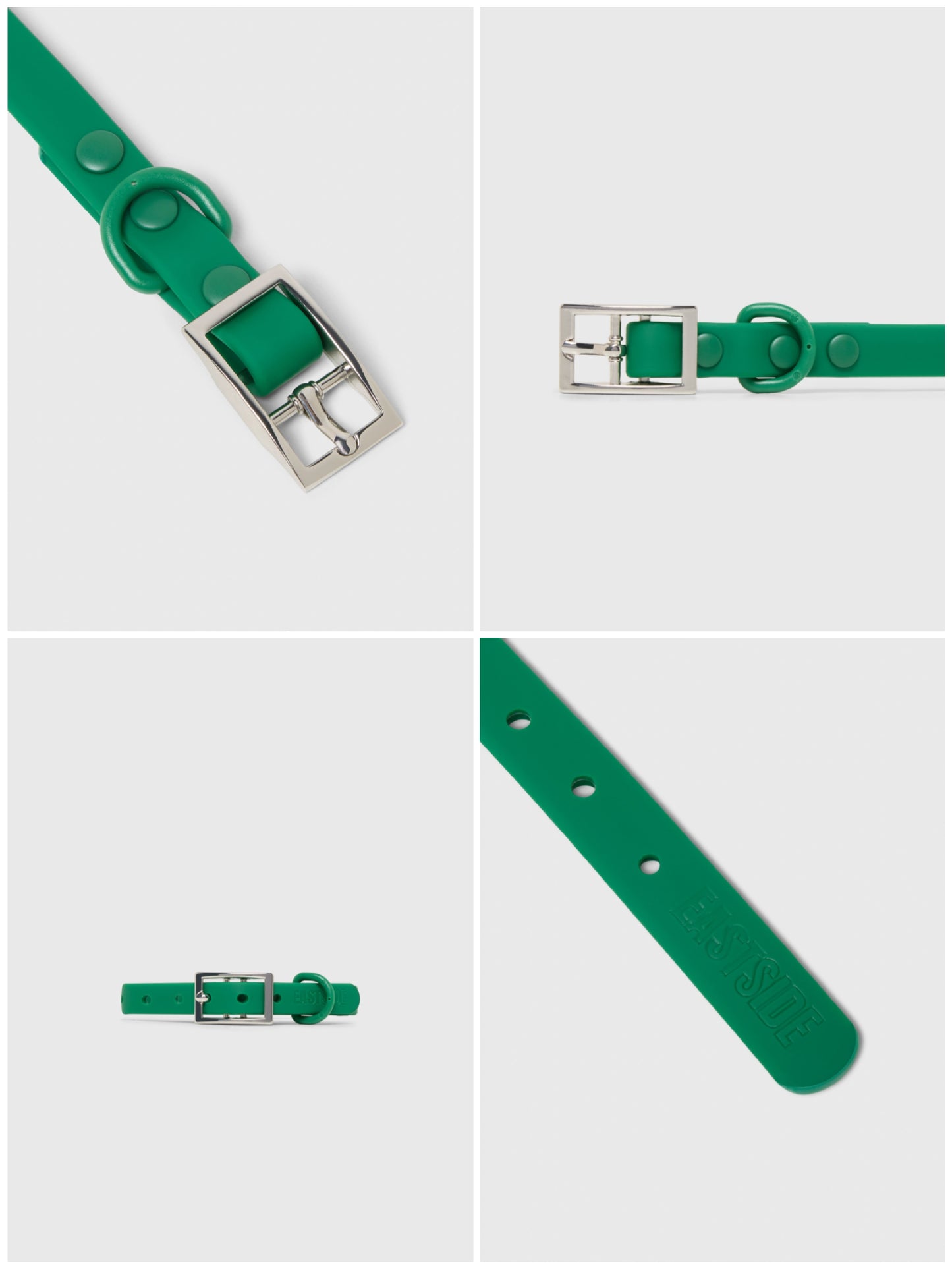 Green waterproof dog collar with silver buckle on a light gray background