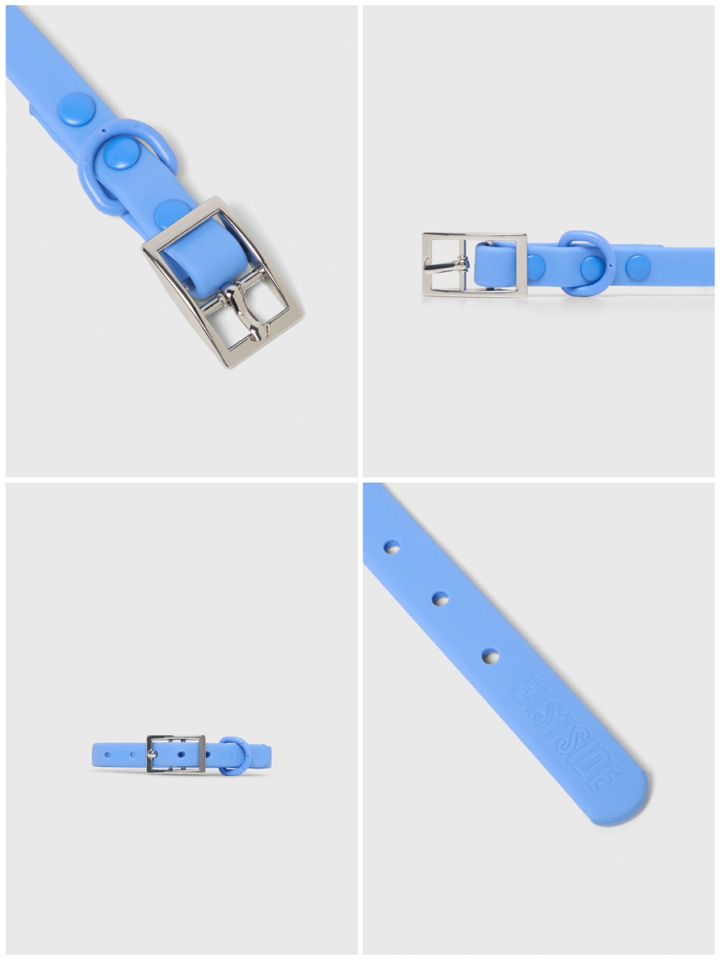 Blue waterproof dog collar with silver buckle on a light gray background