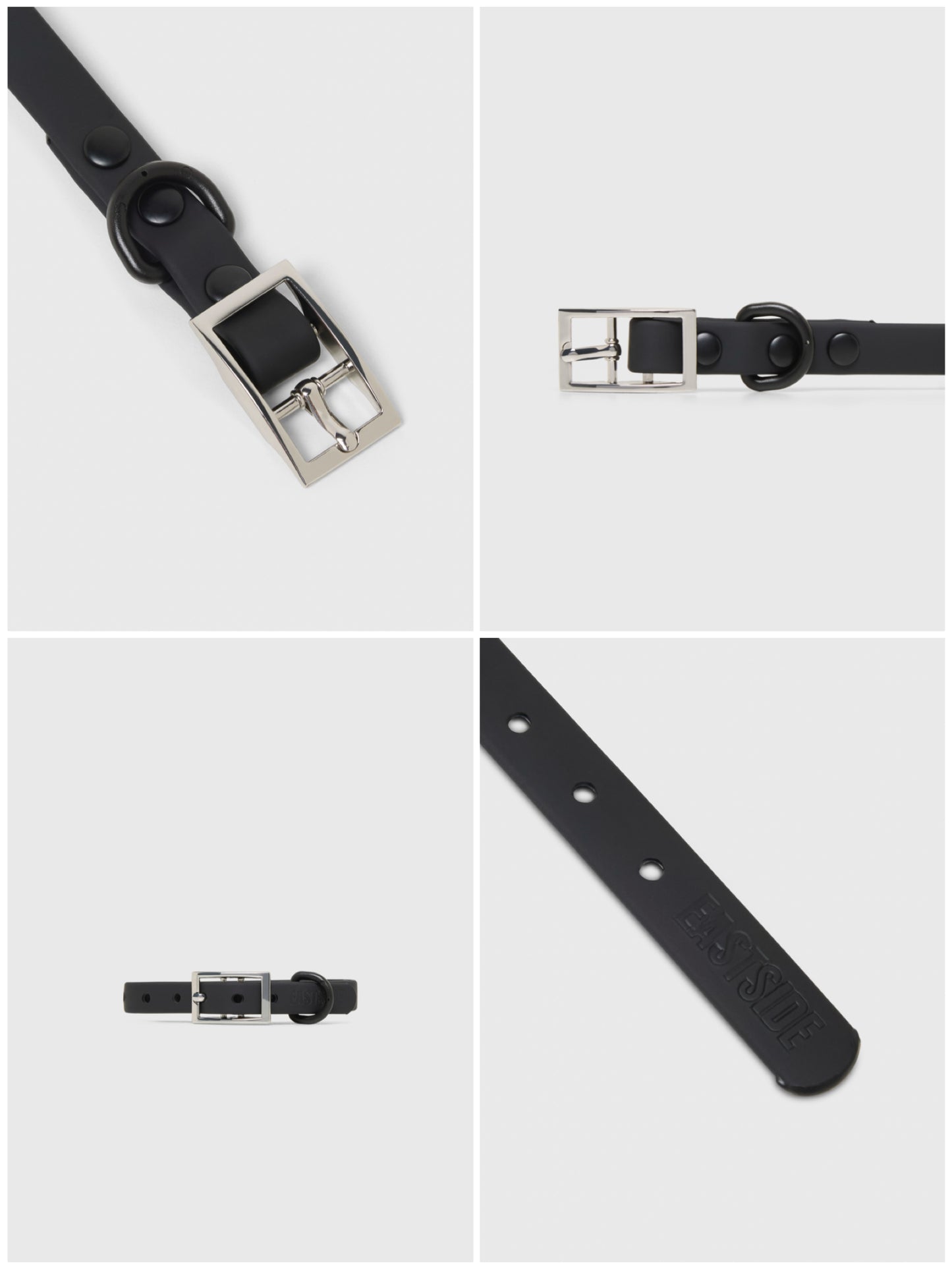 Black waterproof dog collar with silver buckle on a light gray background
