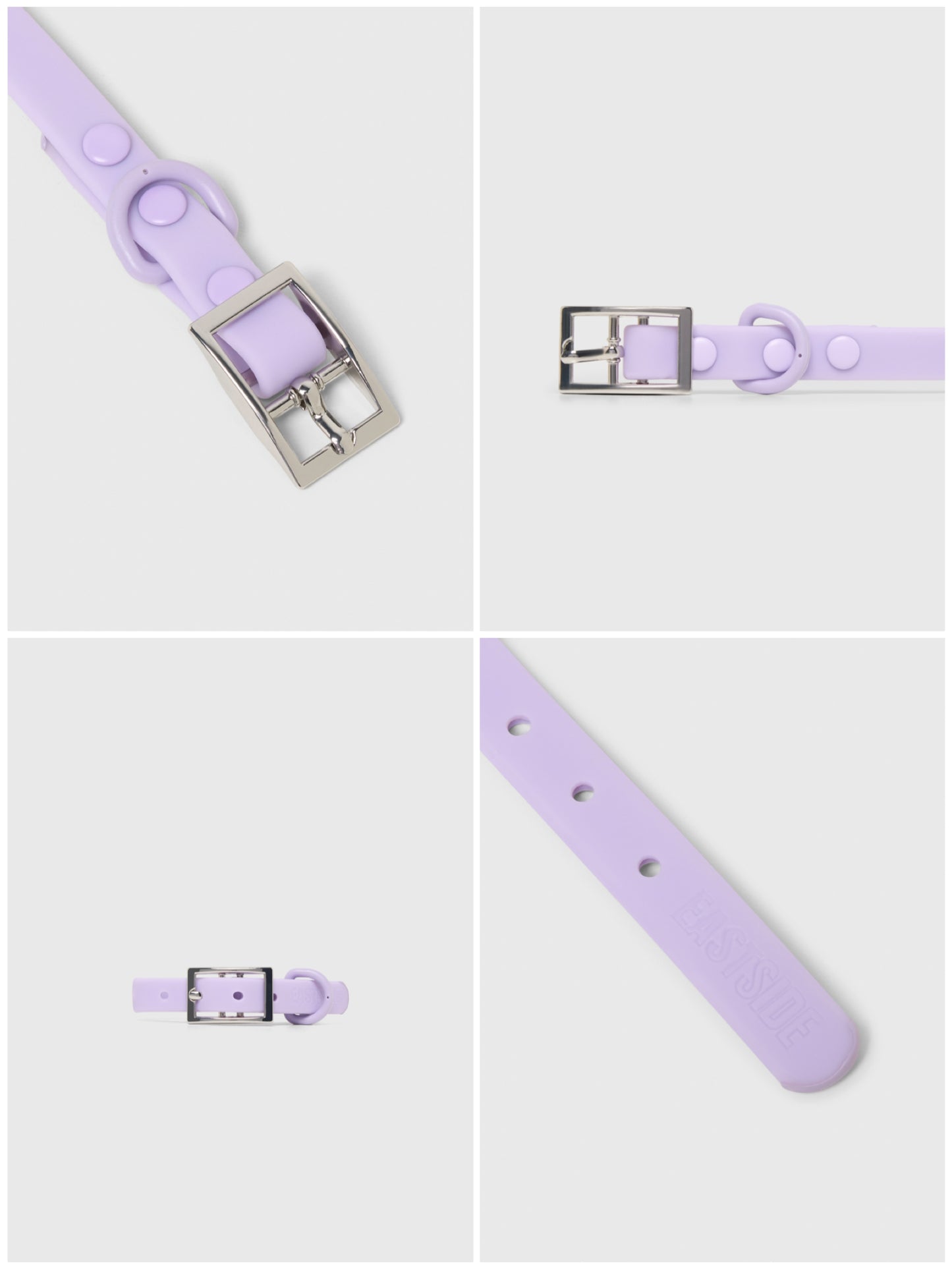 Lilac waterproof dog collar with silver buckle on a light gray background