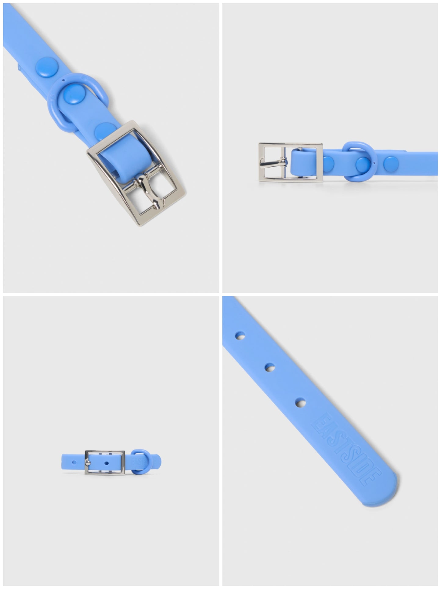 Blue waterproof dog collar with silver buckle on a light gray background