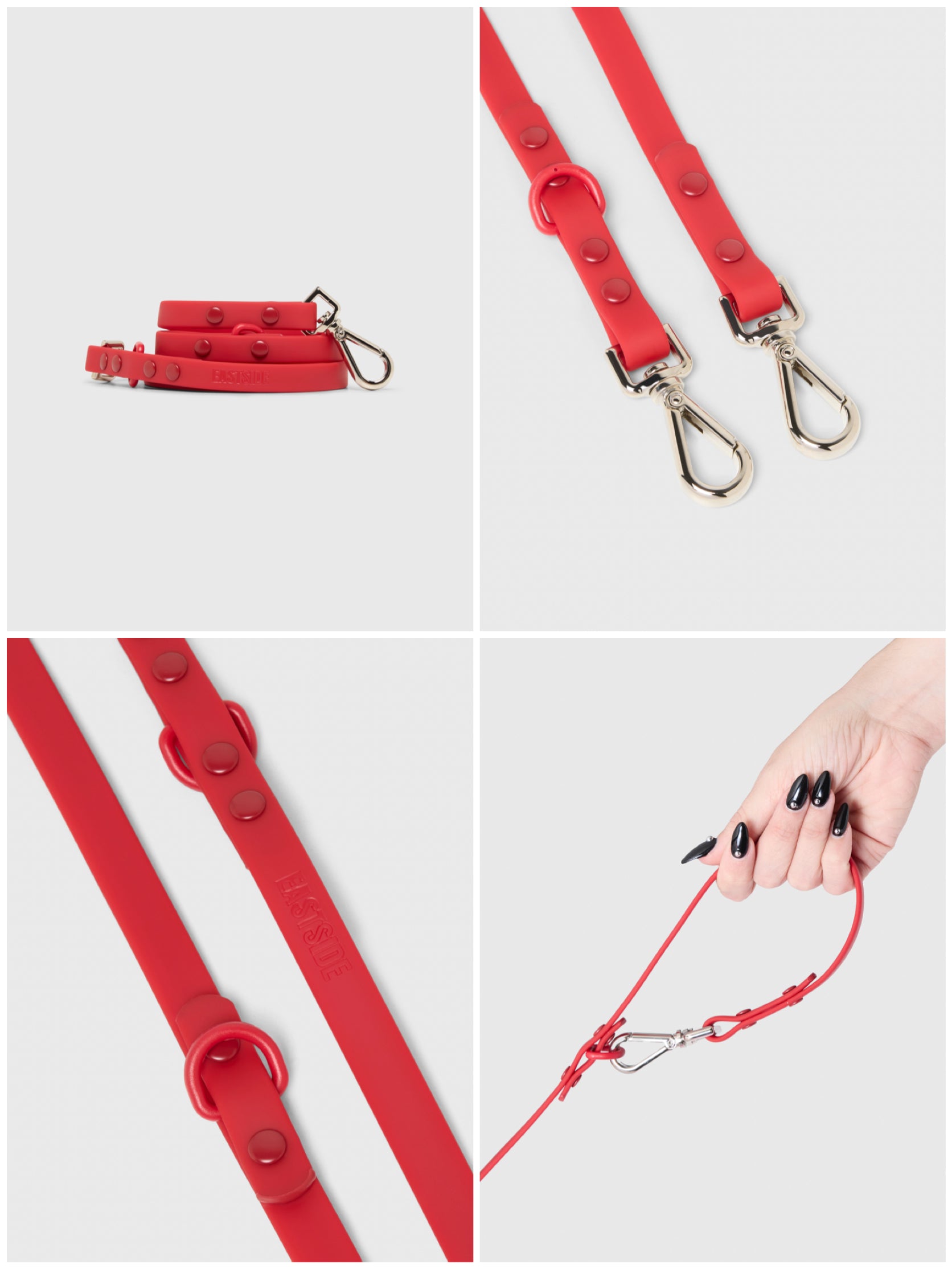 Collage of a red waterproof dog lead with silver metal hardware on a white background