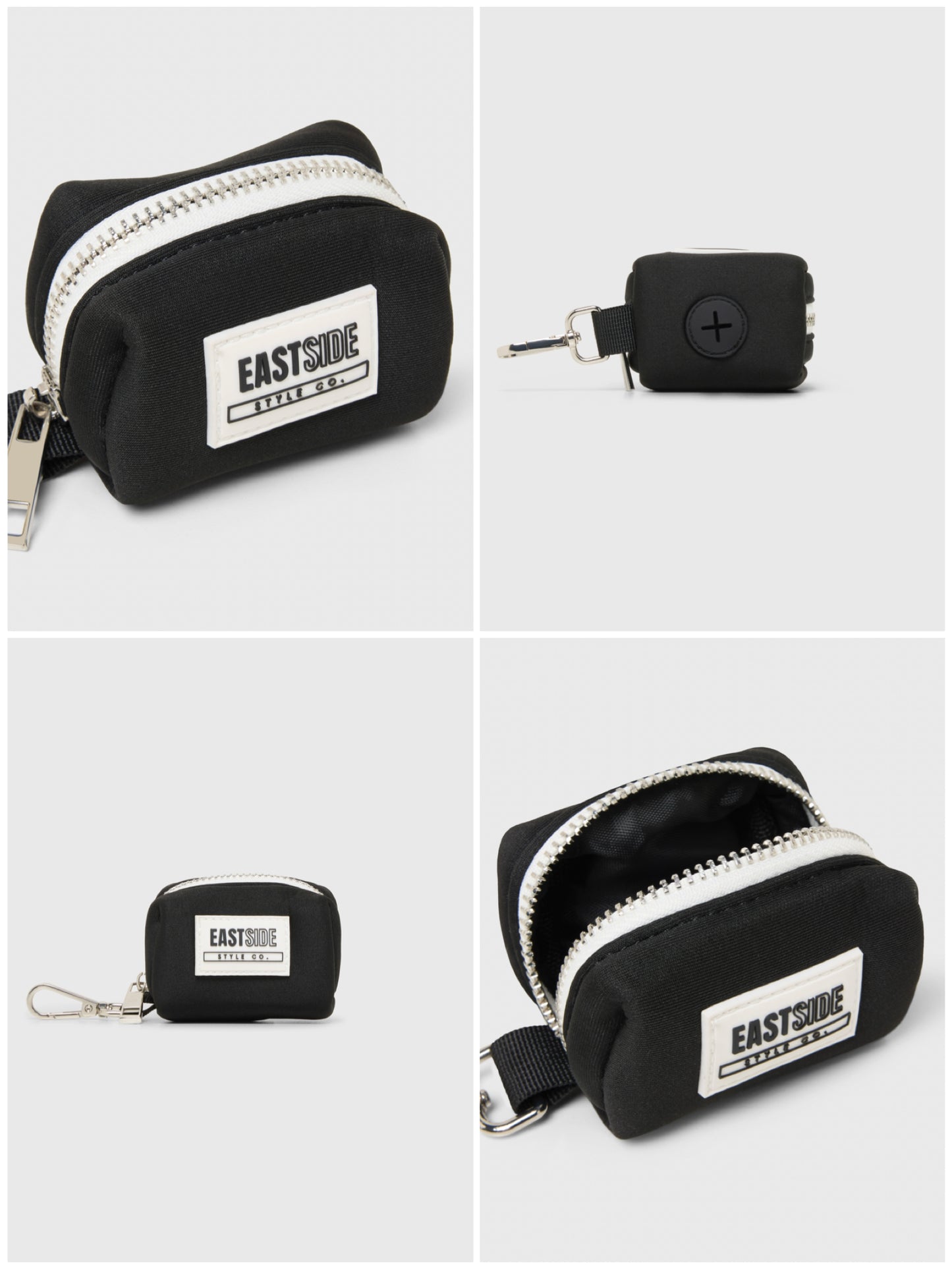 Black poop bag holder with zipper and Eastside Style Co logo on a white background