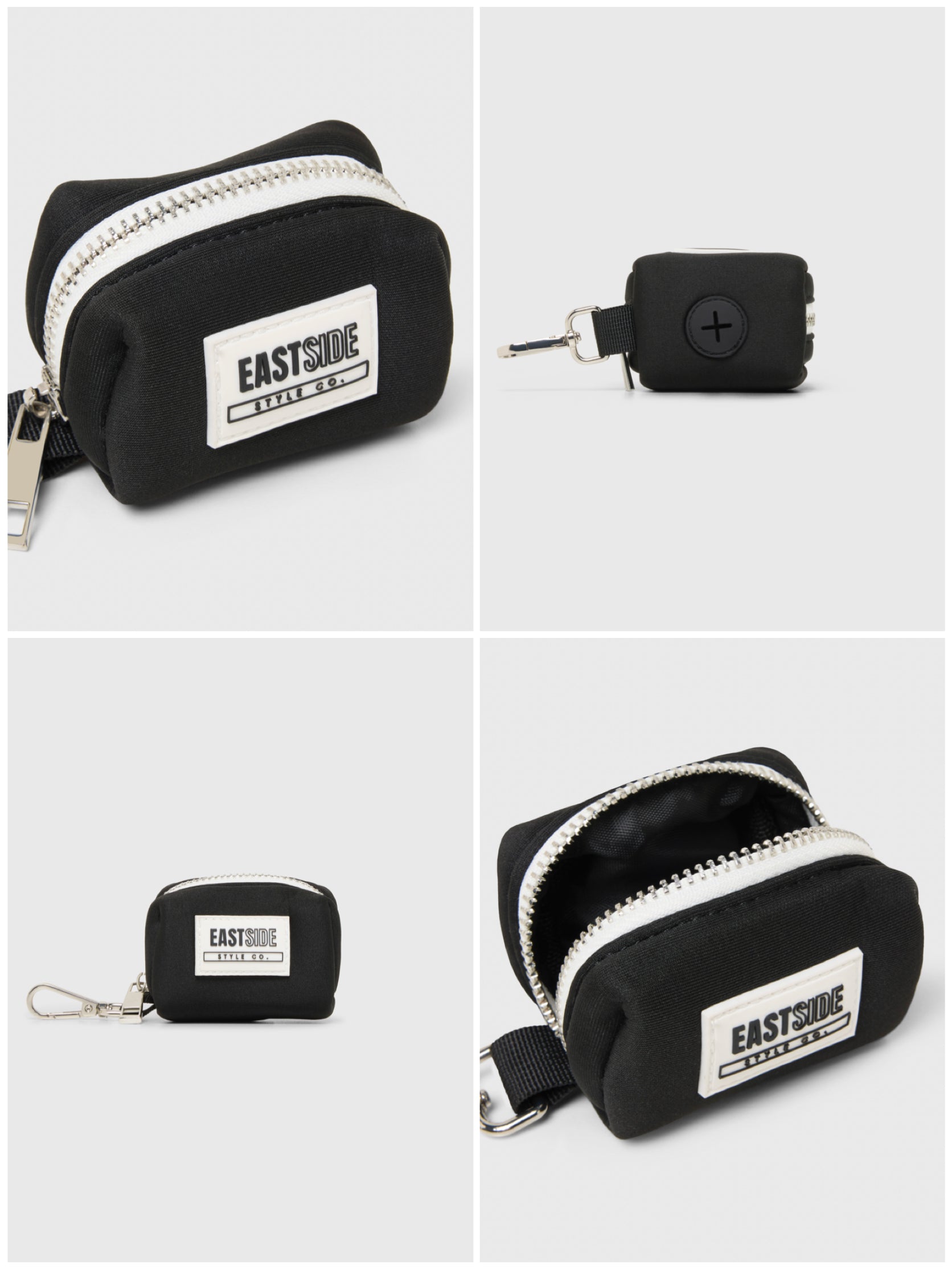 Black poop bag holder with zipper and Eastside Style Co logo on a white background