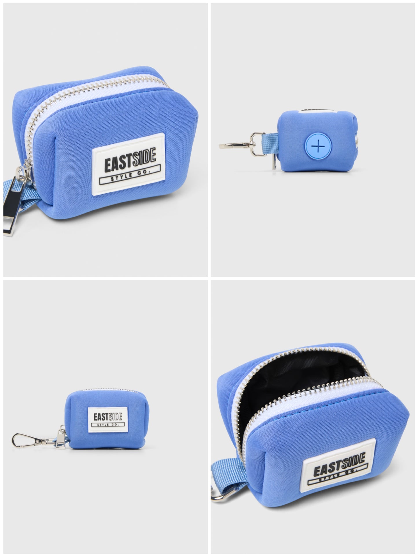 Blue poop bag holder with zipper and Eastside Style Co logo on a white background