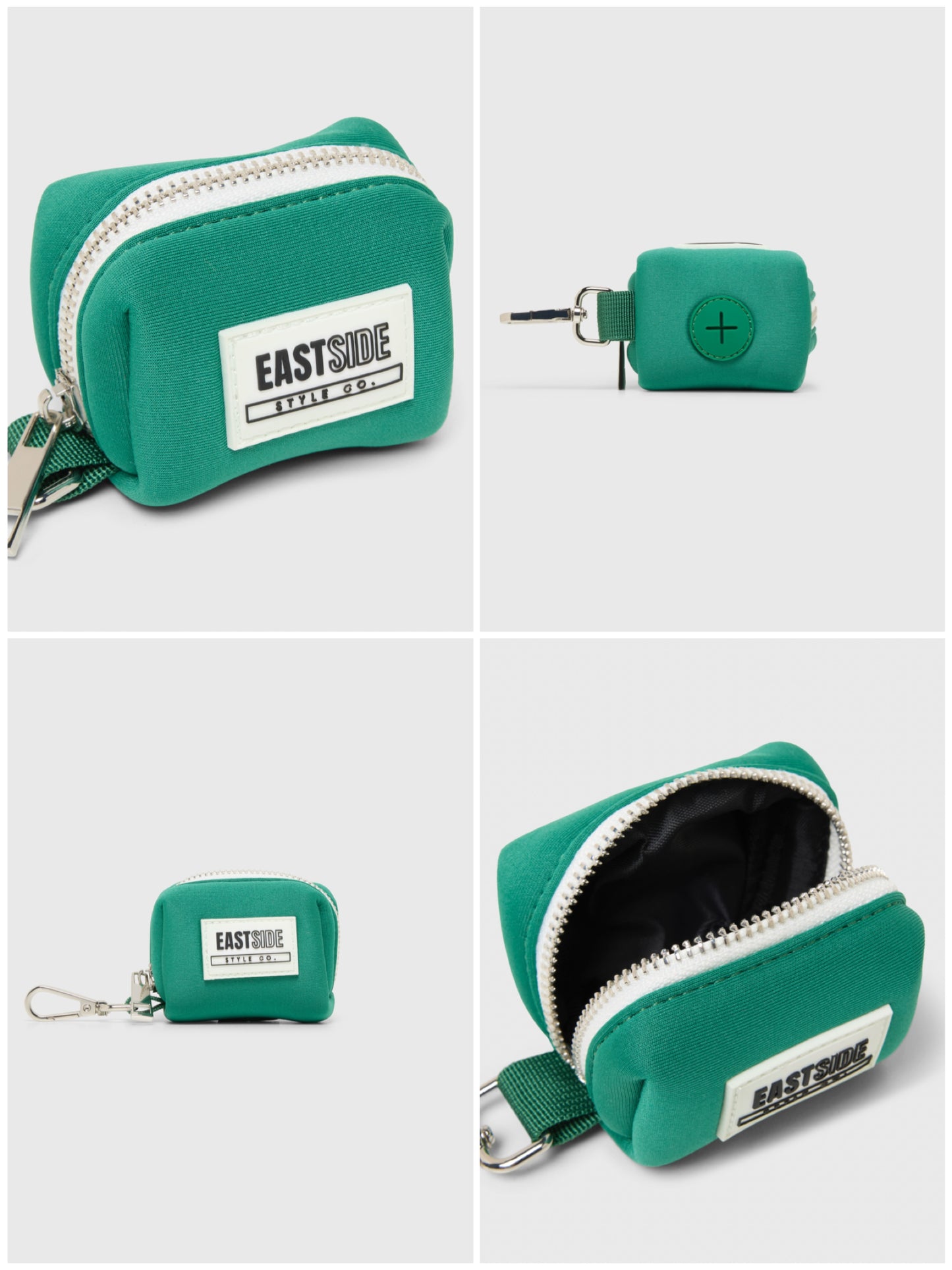 Green poop bag holder with zipper and Eastside Style Co logo on a white background