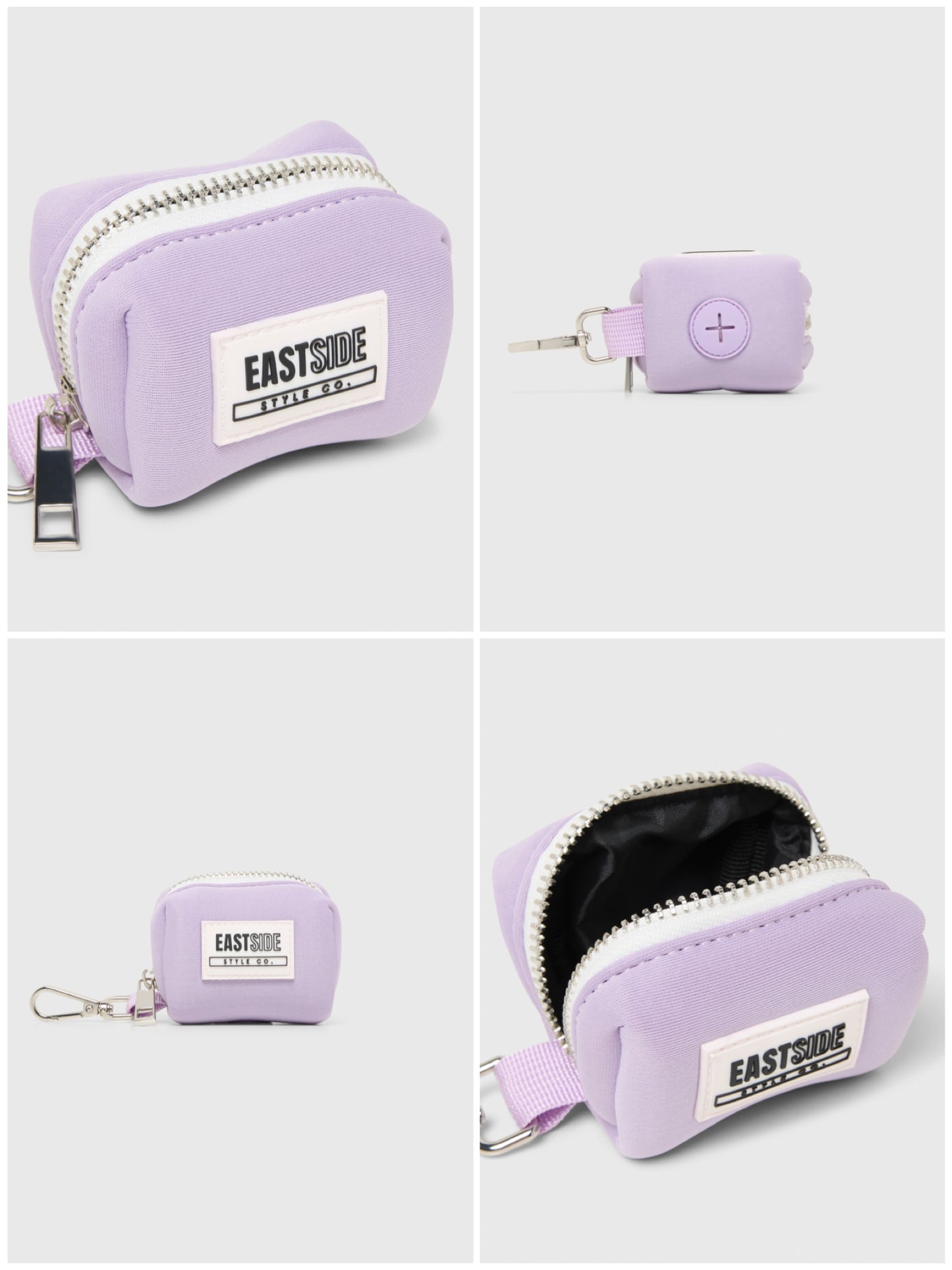 Lilac poop bag holder with zipper and Eastside Style Co logo on a white background