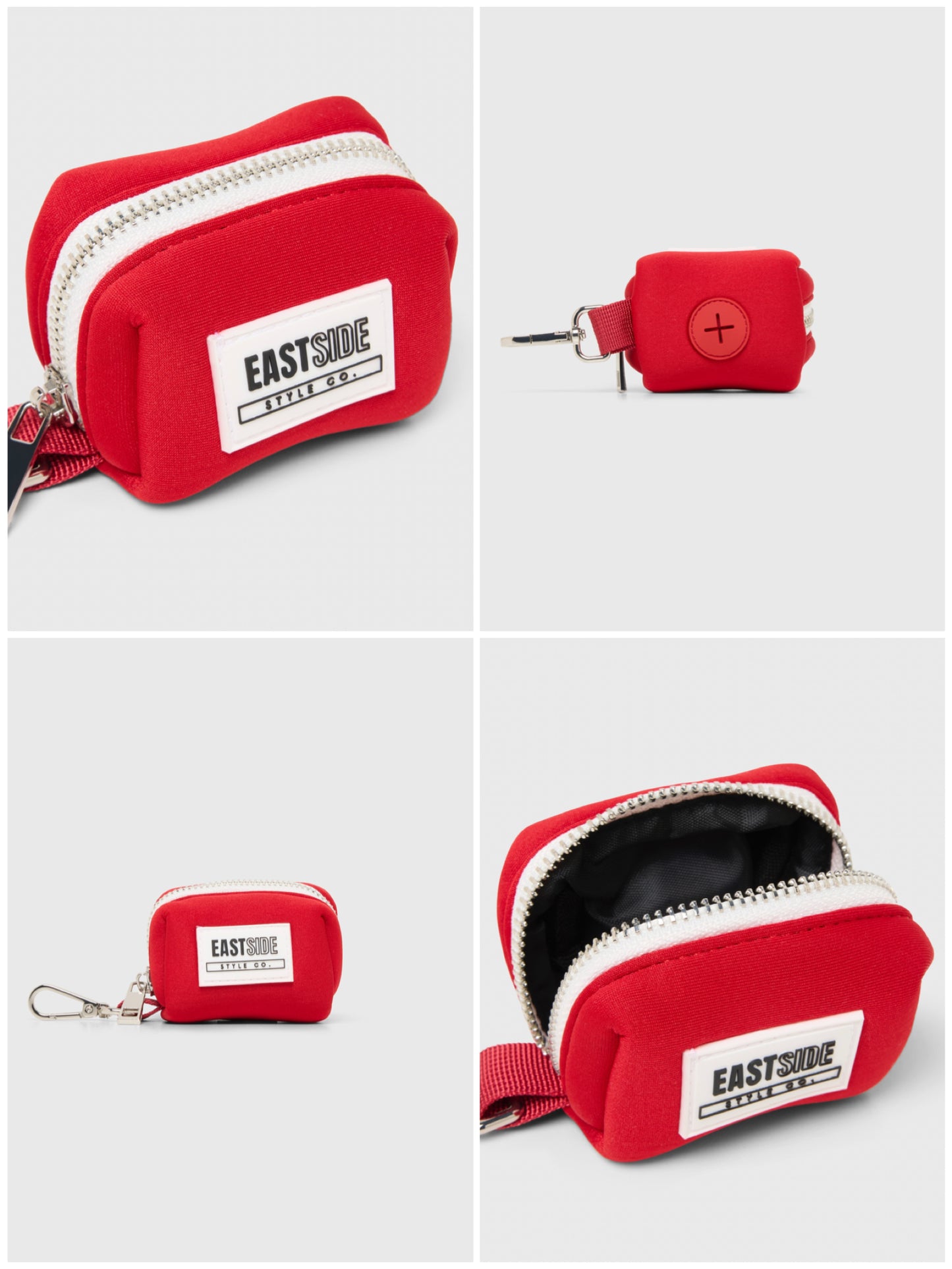 Red poop bag holder with zipper and Eastside Style Co logo on a white background