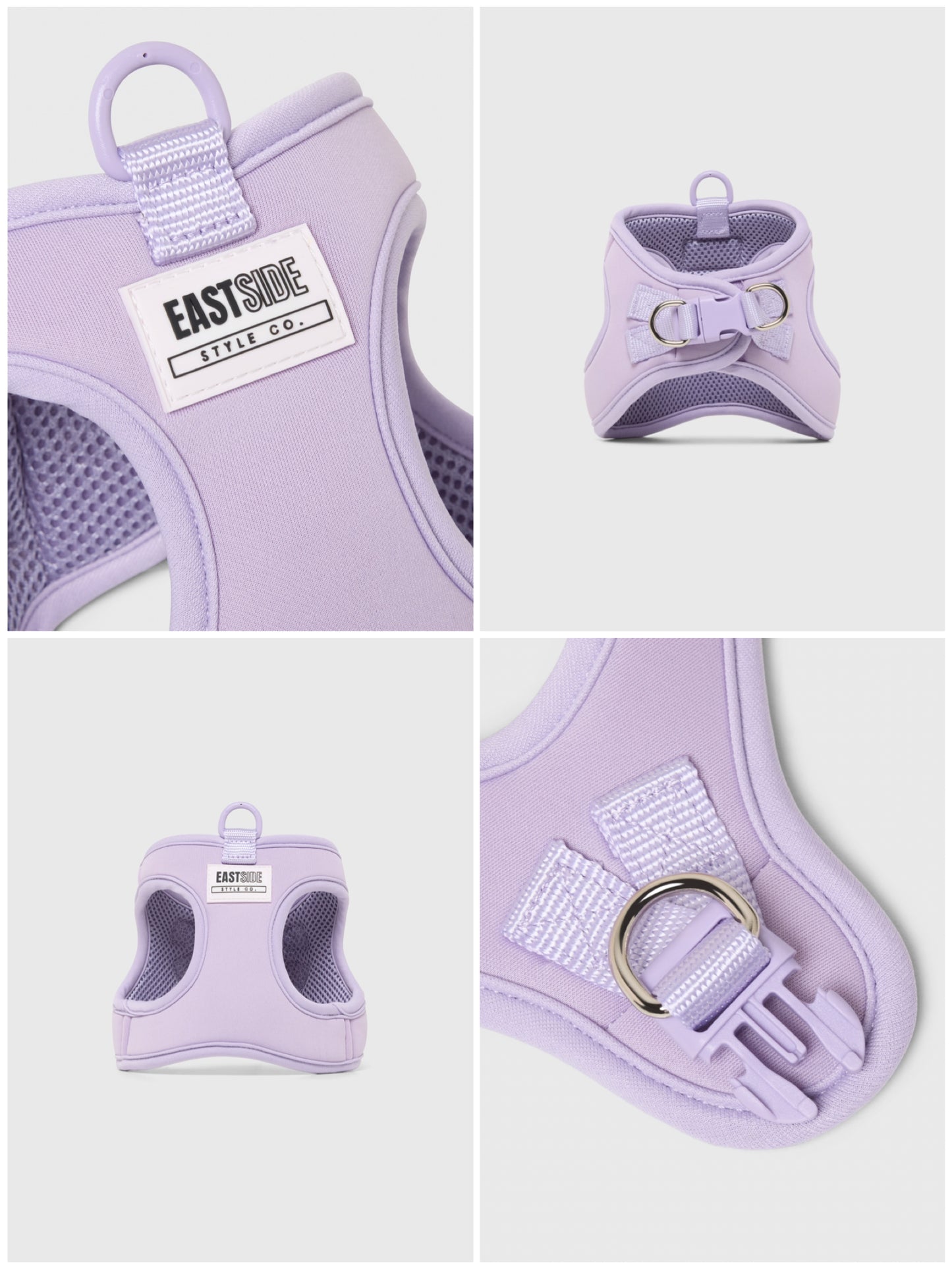 Lilac dog step-in harness with EastSide Style Co. label, collage shows clip and lead attachment on back of harness