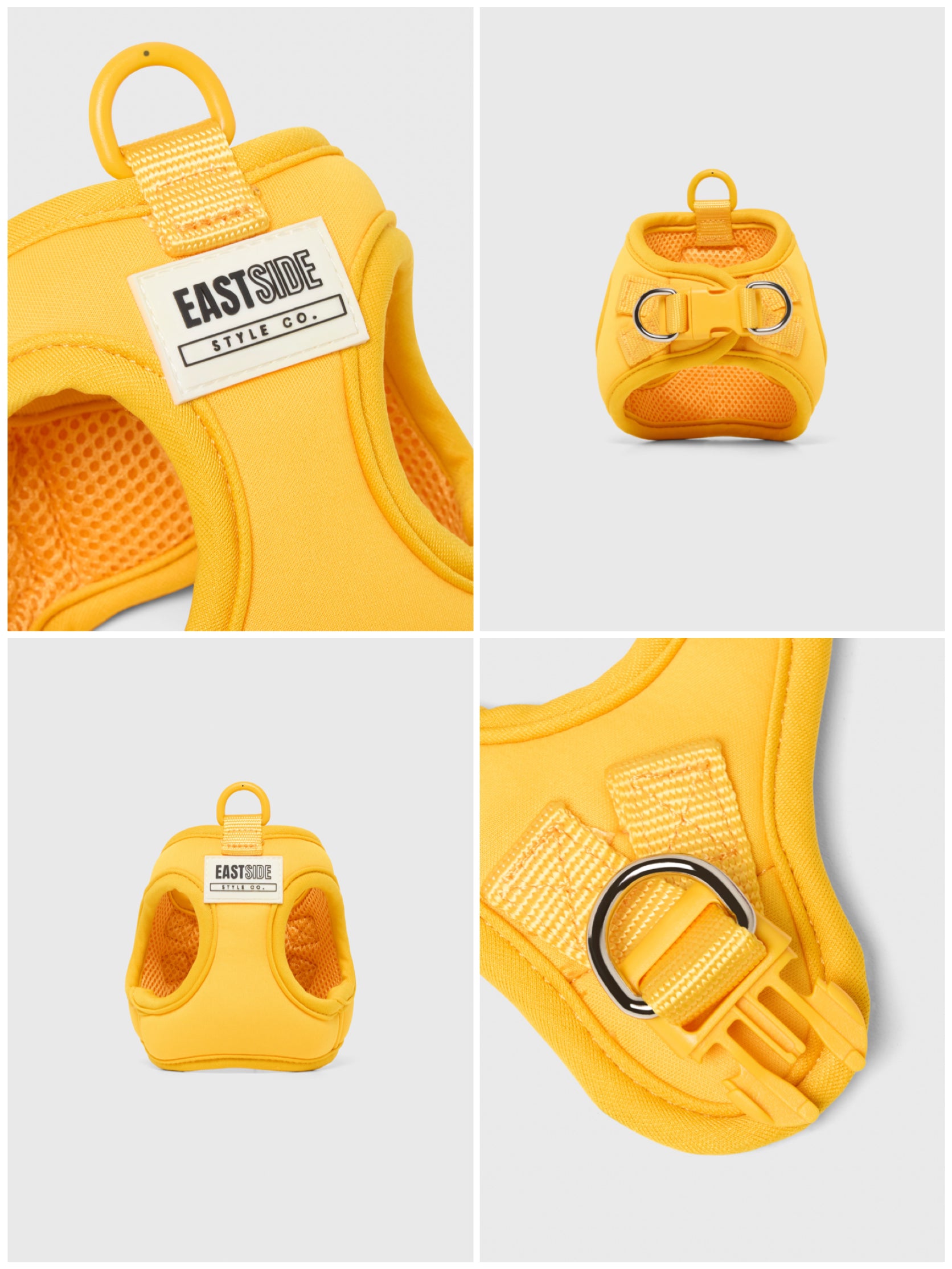 Yellow dog step-in harness with EastSide Style Co. label, collage shows clip and lead attachment on back of harness