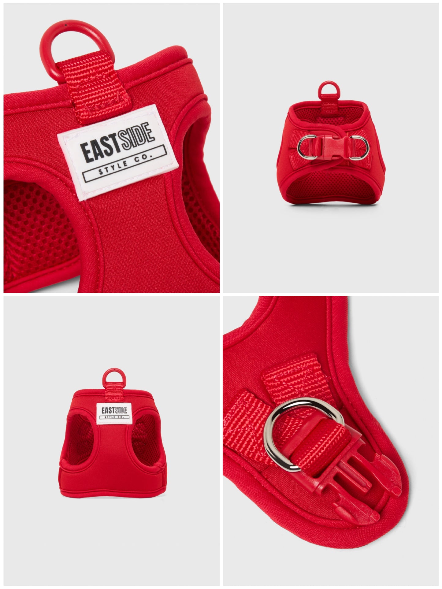Red dog step-in harness with EastSide Style Co. label, collage shows clip and lead attachment on back of harness