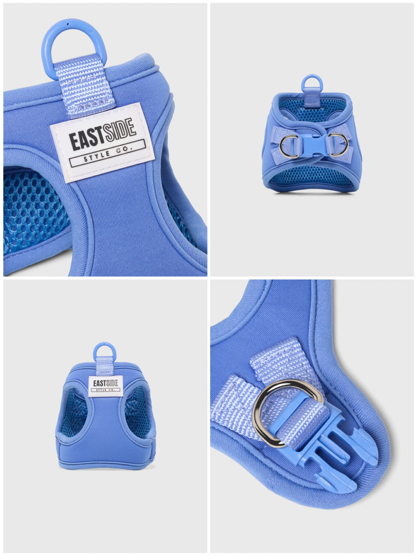 Blue dog step-in harness with EastSide Style Co. label, collage shows clip and lead attachment on back of harness