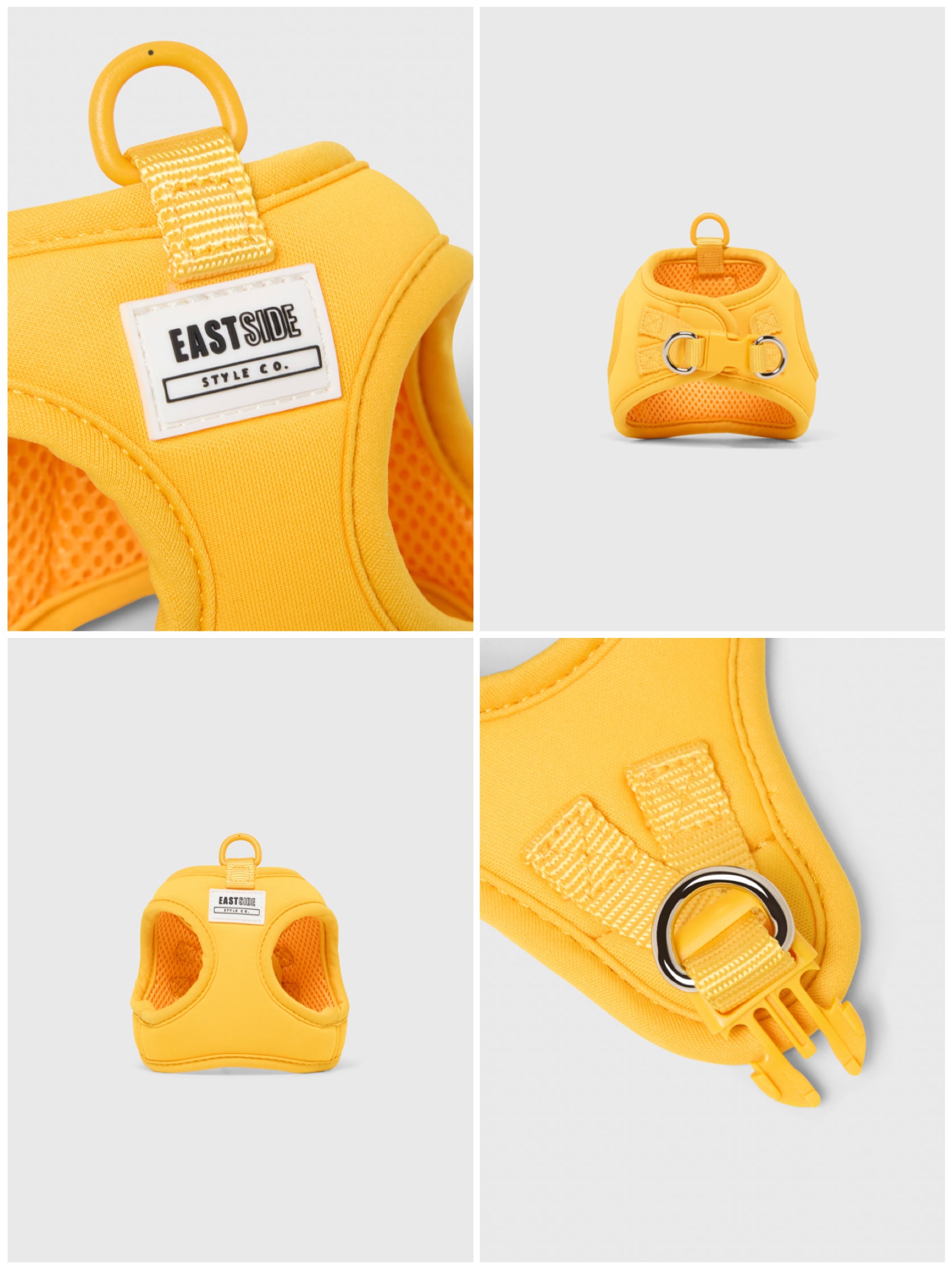 Yellow dog step-in harness with EastSide Style Co. label, collage shows clip and lead attachment on back of harness