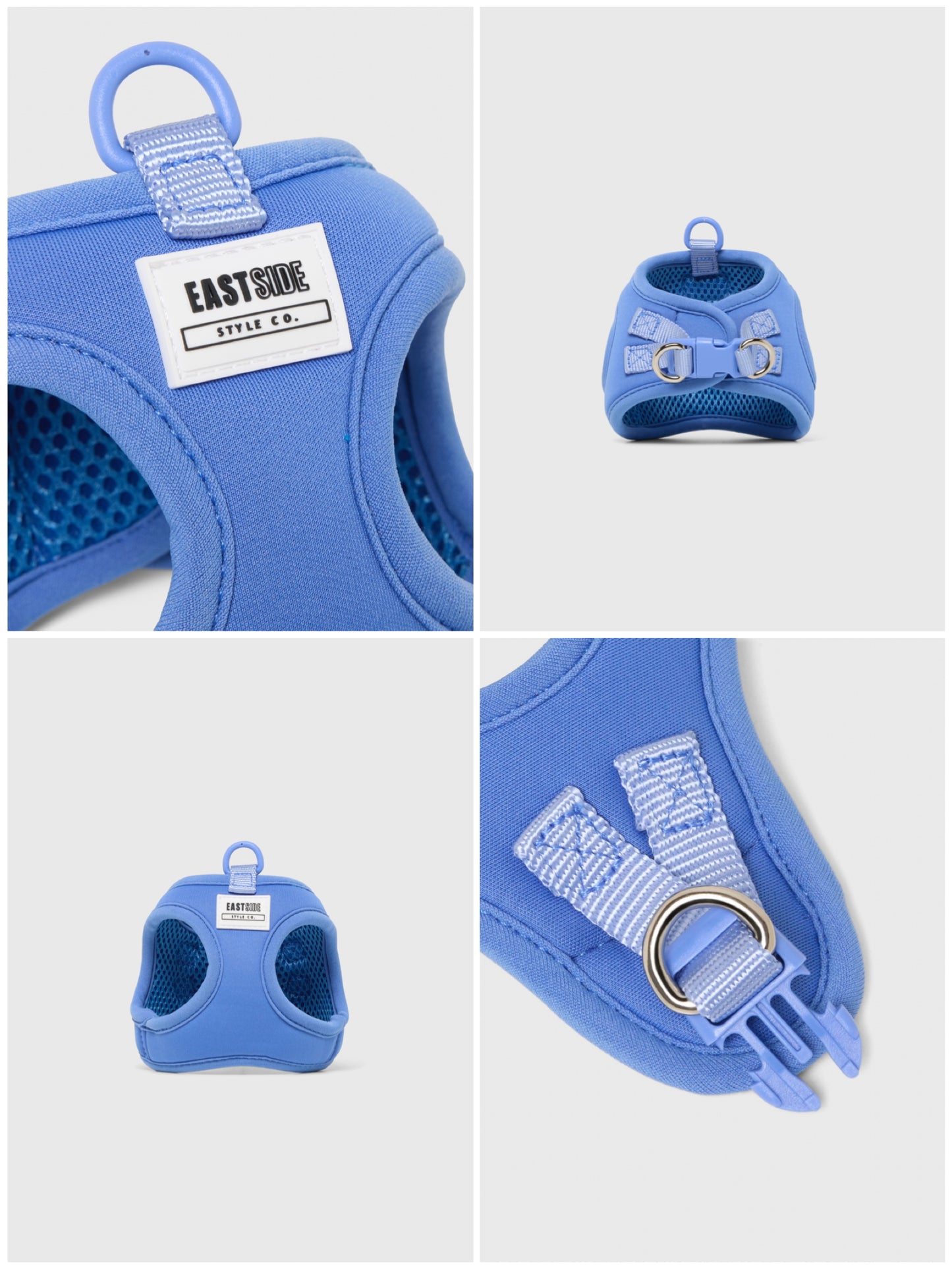 Blue dog step-in harness with EastSide Style Co. label, collage shows clip and lead attachment on back of harness